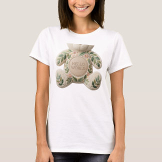T-shirt Hello World Embroidered Botanical Teddy Bear Women