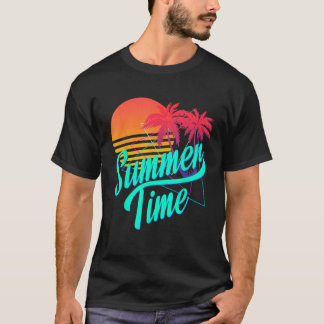 T-shirt Heure d'été Retro 80s Plage Scène avec Palm Trees