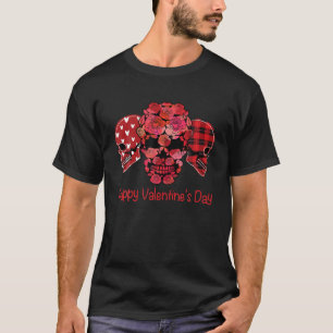 T-shirt Heureuse Sainte-Valentin Rouge Crâne Plaid Fleur c