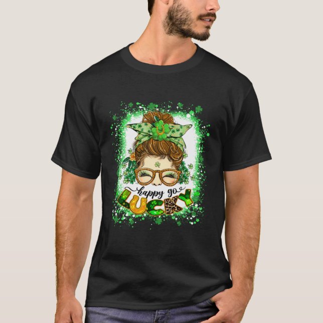 T-shirt Heureux aller Lucky Messy Bun Girl Irish St patric (Devant)