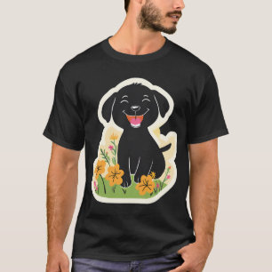T-shirt Heureux chiot noir dans les fleurs sauvages
