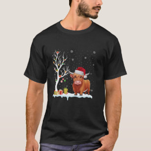 T-shirt Highland Cow Santa Hat Festif Tree Light Christma