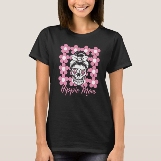T-shirt Hippie Chick Maman Amour Crâne Fleur Puissance Vin (Devant)
