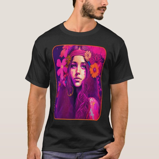 T-shirt Hippie Child In Pink With Flowers In Her Hair Retr (Devant)