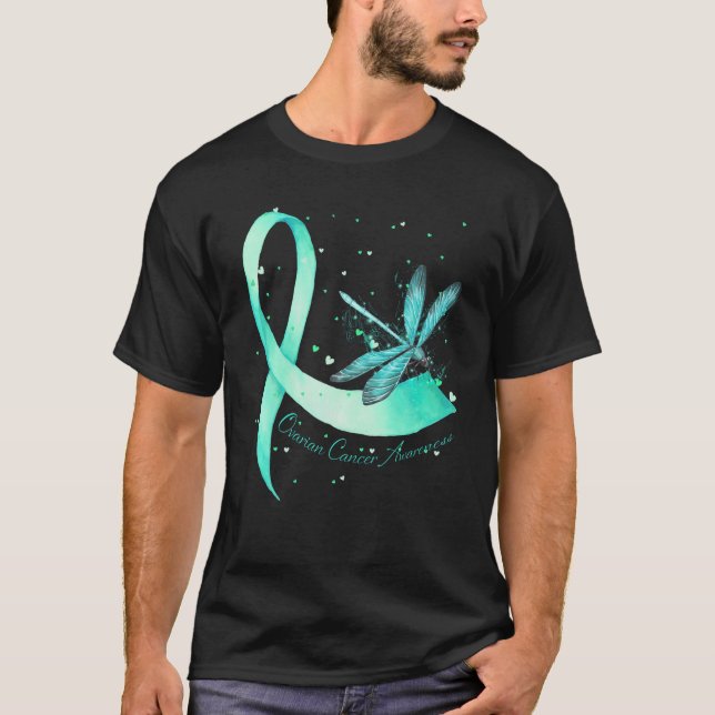 T-shirt Hippie Dragonfly Turquoise Ribbon Ovarienne Cancer (Devant)