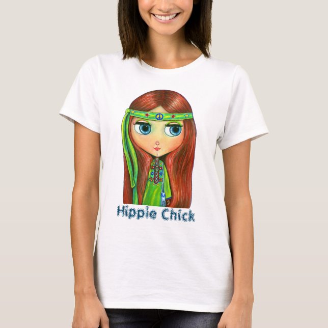 T-shirt Hippie poupée fille dans le bandeau vert Paix Sign (Devant)