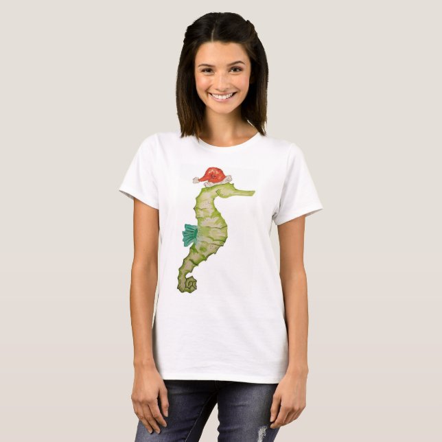 T-shirt Hippocampe dans une conception nautique de Noël de (Devant entier)