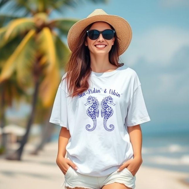T-shirt Hippocampe-pêcheur Coeur-Hawaï Tropical-Bleu (Sea Horse-Fisherman Core-Hawaiian-Tropical-Beach T shirt-Summer Trend-Deep Blue)