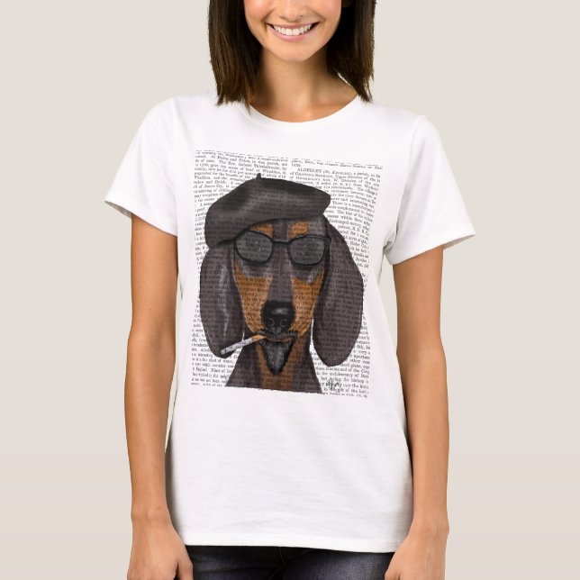 T-shirt Hipster Dachshund Noir et Tan (Devant)