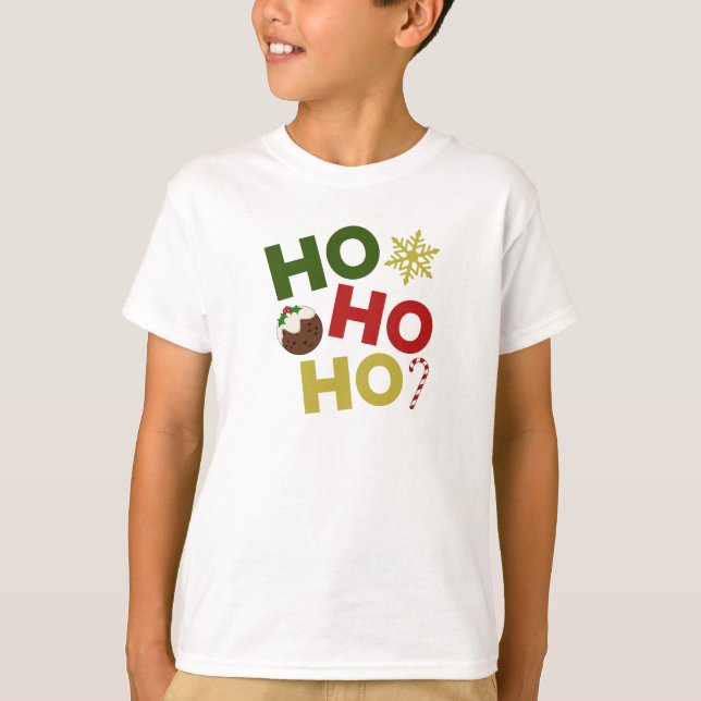 T-shirt HO HO HO+Christmas Pudding, bonbons, flocon de nei (Devant)
