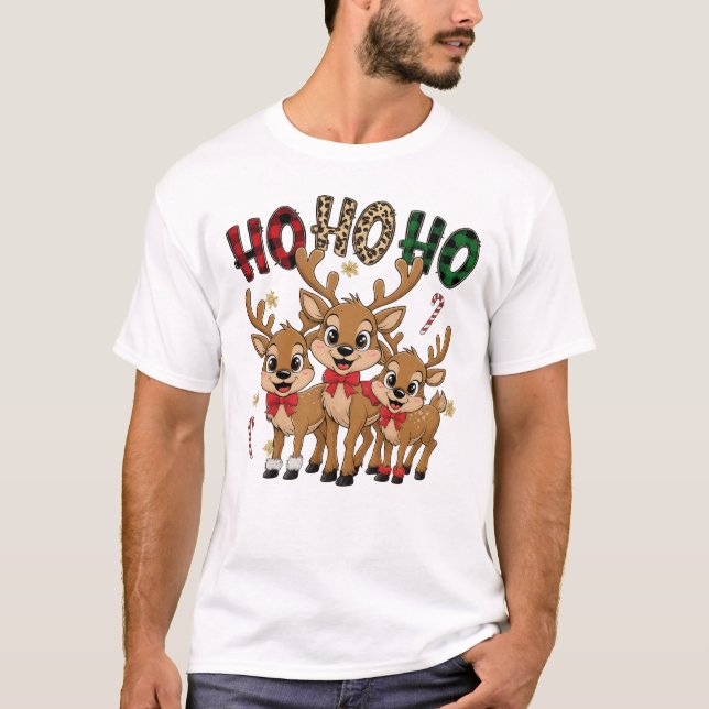 T-shirt Ho Ho Ho Cute Reindeer Trio Christmas Tee (Devant)