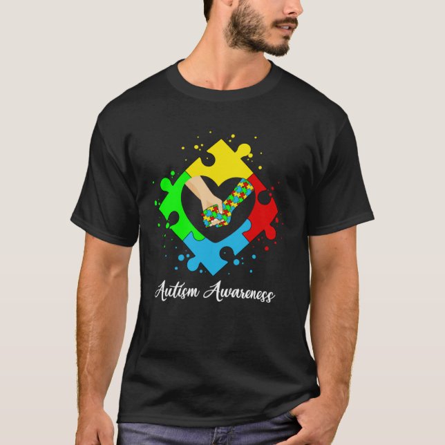 T-shirt Holding Hands In Heart Puzzle Autism Awareness Sup (Devant)