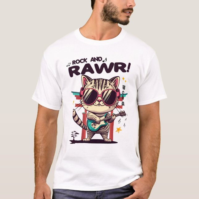 T-shirt homme blanc de base Kawaii Rock Chat (Devant)