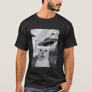 T-Shirt Hommes Femmes Drôle Chat Selfie Avec UFO