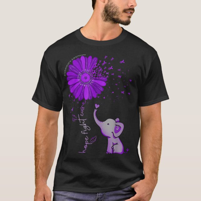 T-shirt Hope Fight Cute Elephant Alzheimer's Purple Ribbon (Devant)