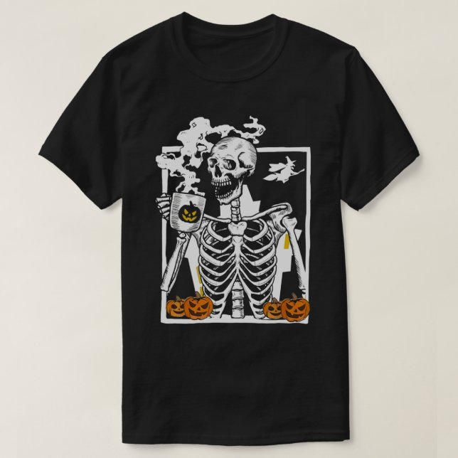 T-shirt Hot Coffee Skeleton Drinking Funny Halloween Skull (Design devant)