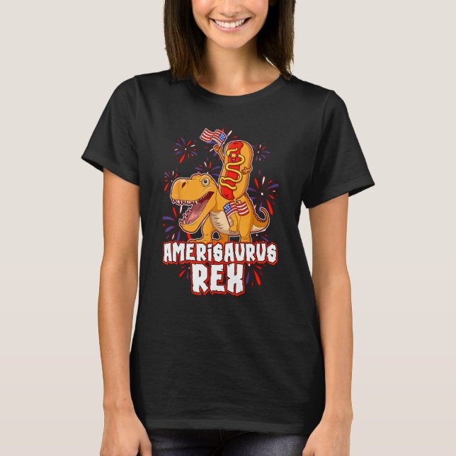 T-shirt Hotdog Rex Dinosaur 4th of July Amerisaurus (Devant)