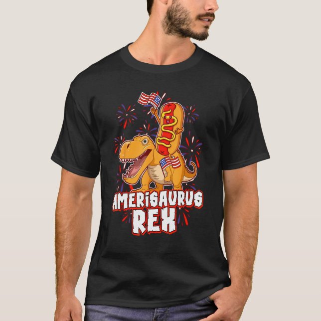 T-shirt Hotdog Rex Dinosaur 4th of July Amerisaurus (Devant)