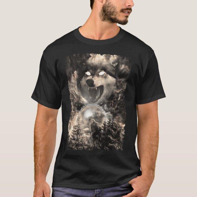 T-shirt Howling Wolf Moon Forêt Montagnes animales (Devant)
