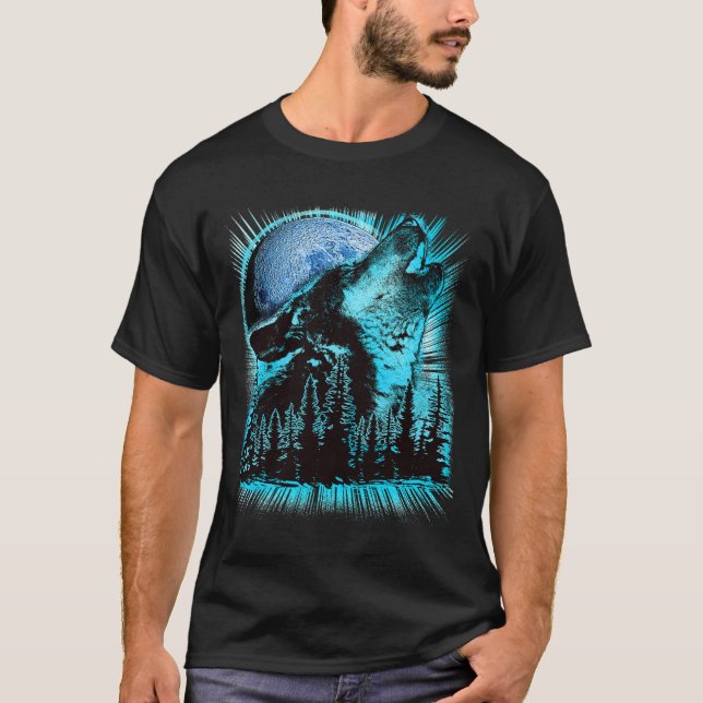 T-shirt Howling Wolf Moon Pine Forest Art (Devant)