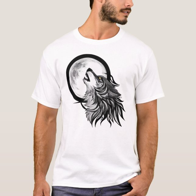 T-shirt Howling Wolf Under Pleine lune - Art Tribal (Devant)