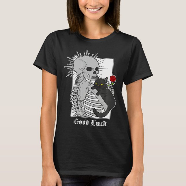 T-shirt Hugging Cat Flowers Skeleton Black Cat (Devant)