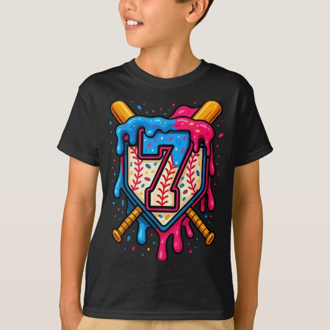 T-shirt Hugvyn 7th Birthday Baseball Ice Cream Drip Number (Devant)
