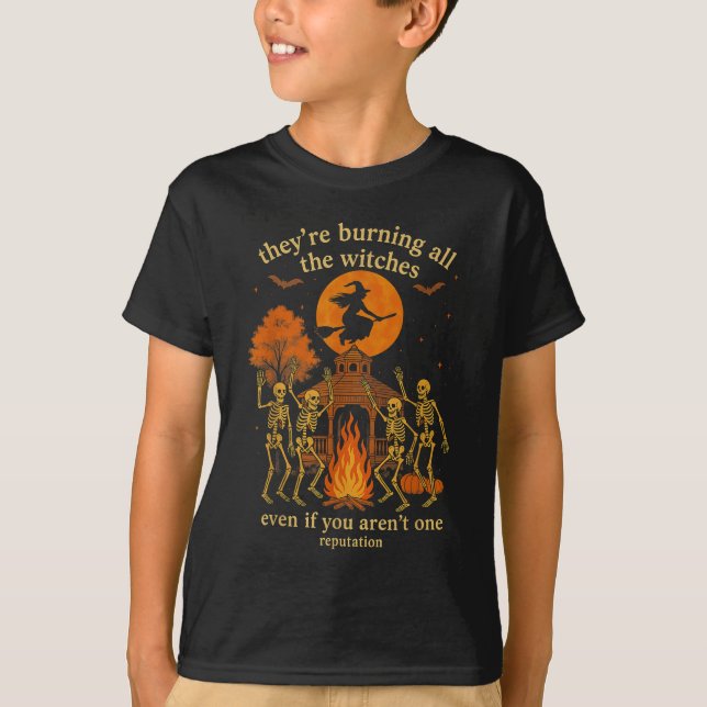 T-shirt Hugvyn Ils brûlent Toutes Les Sorcières Squelette  (Devant)