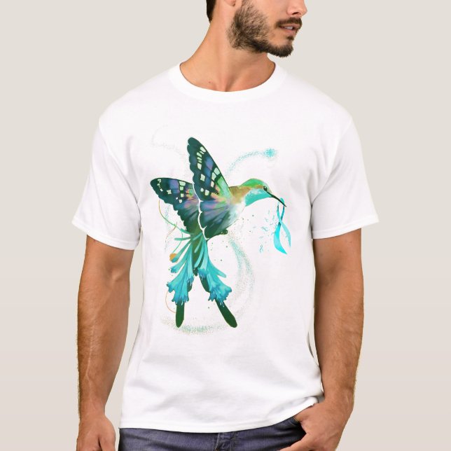 T-shirt Hummingbird Holding Turquoise Ribbon Cancer de l'o (Devant)
