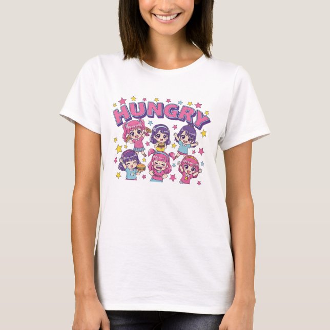 T-shirt Hungry Anime Chibi Girls Cute Food Lover Women's  (Devant)