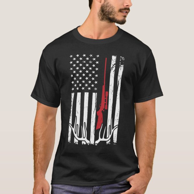 T-shirt Hunter American Flag USA Chasse Deer Cadeau (Devant)