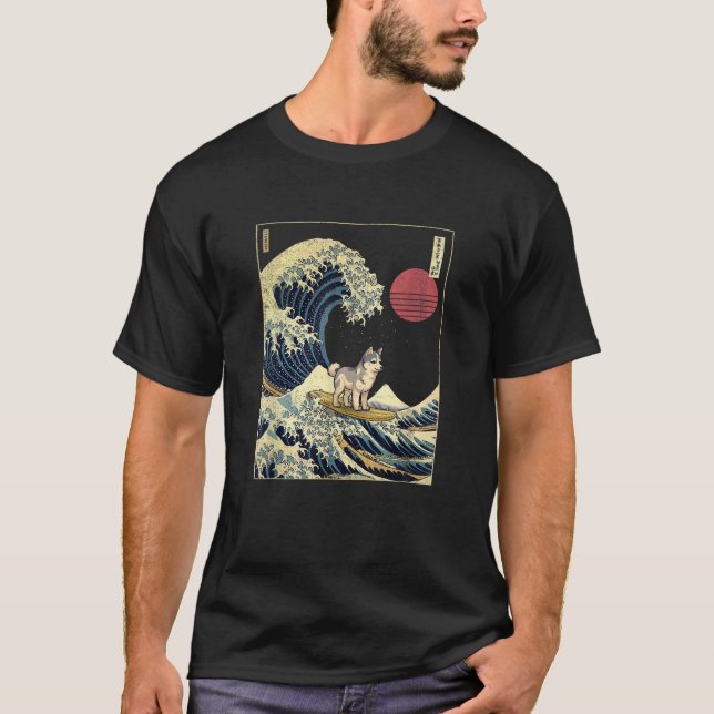 T-shirt Husky Japanese Kanagawa Wave Funny Surf Dog  for M (Devant)