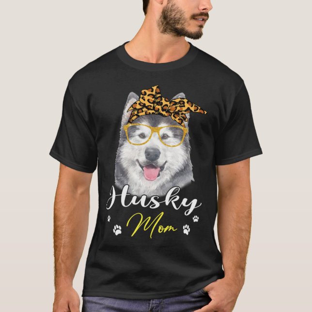 T-shirt Husky Mom Leopard Print Dog (Devant)