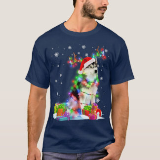 T-shirt Husky Reindeer lumières de Noël Drôle chien Noël