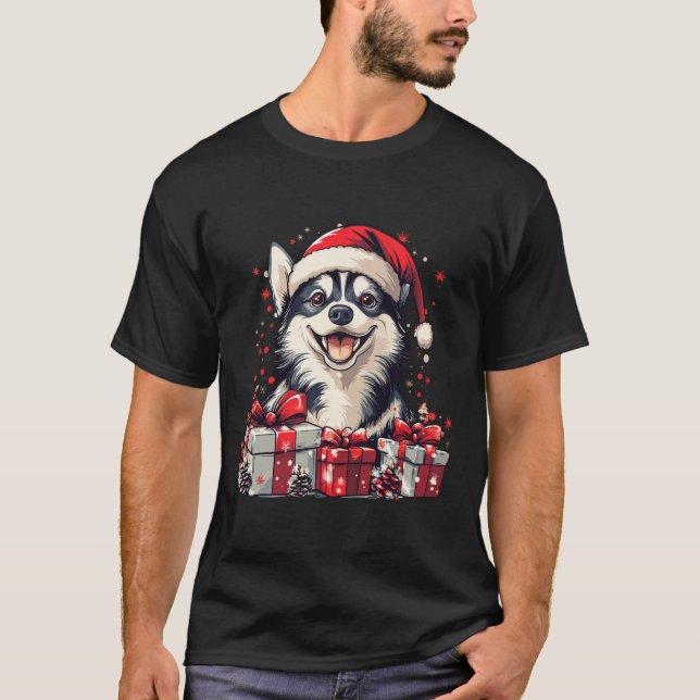 T-shirt Husky Santa Hat Funny Noël Sibérien Husky Chien (Devant)
