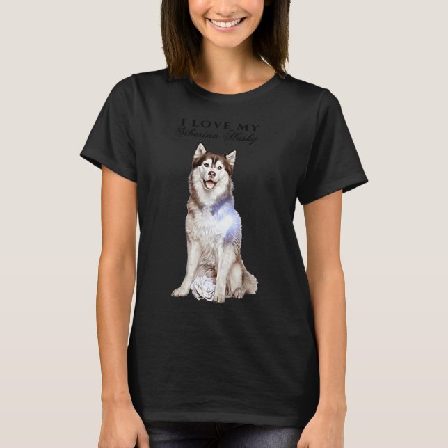 T-shirt Husky Sibérien Et Rose (Devant)