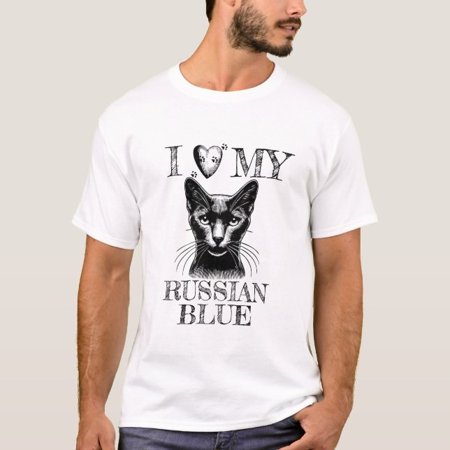 T-shirt I Heart My Russian Blue, Cat Pawprints Black (Devant)