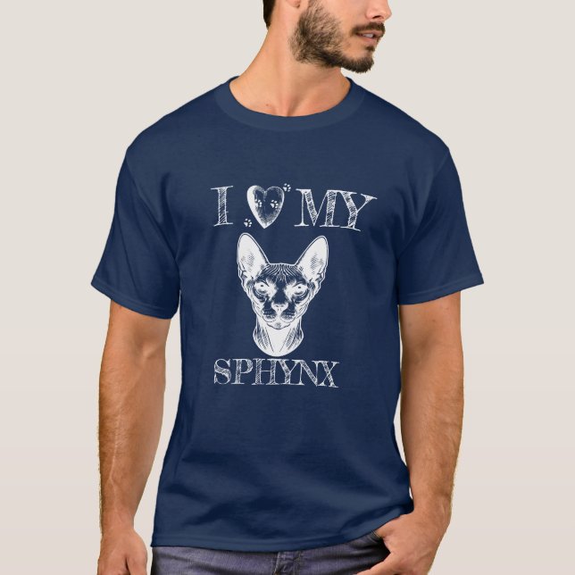 T-shirt I Heart My Sphynx, Cat and Pawprints White on Dark (Devant)