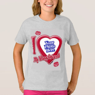 T-shirt I Love My Boyfriend Photo Red Heart Kiss Grey