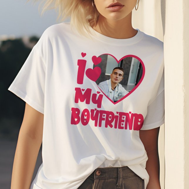 T-shirt I Love My Boyfriend Red Heart Photo personnalisée (Créateur téléchargé)