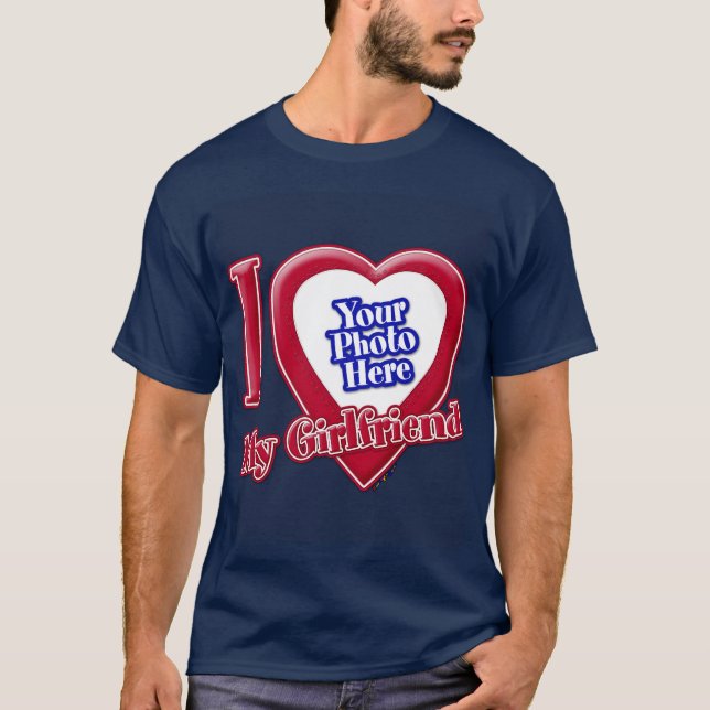 T-shirt I Love My Girlfriend Photo Red Heart Navy Blue (Devant)