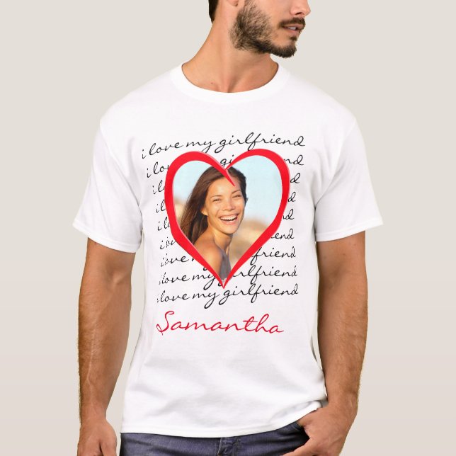 T-shirt I Love My Girlfriend Red Heart Nom photo personnal (Devant)