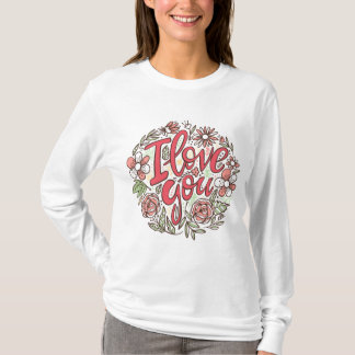 T-shirt I Love You Floral Wreath Romantic Roses Long Sleev