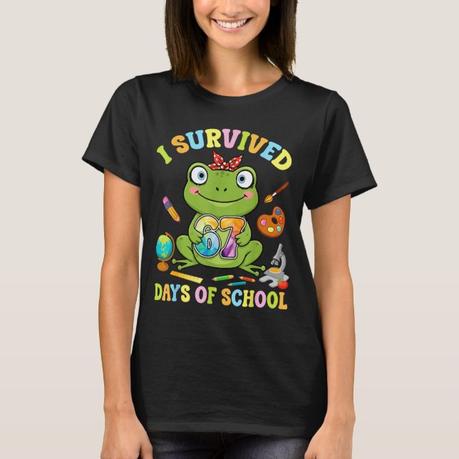 T-shirt I Survived Six Seven Days Of School Cute Frog Stud (Devant)