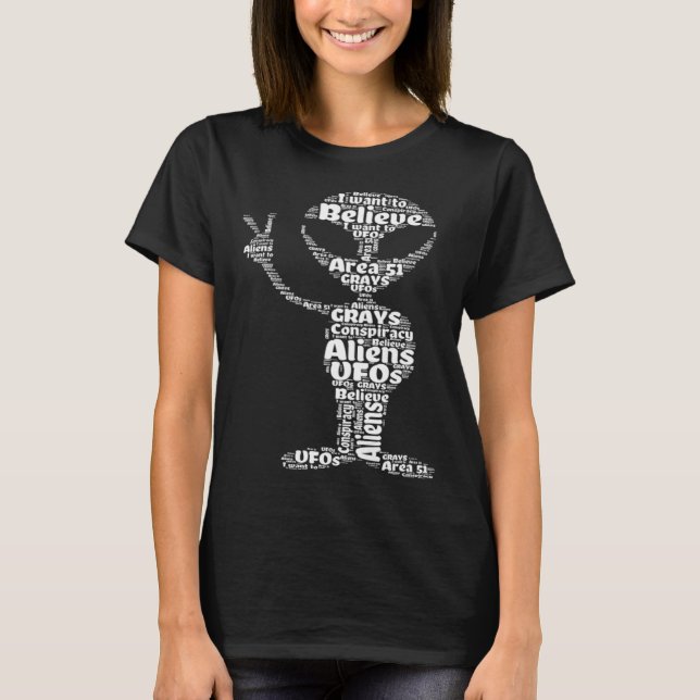 T-shirt I Want To Believe  Alien Peace Sign Wordcloud Area (Devant)