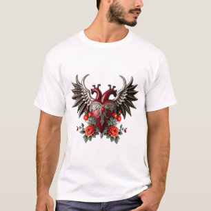 T-shirt Icône gothique romantique : coeur, rose, crâne.