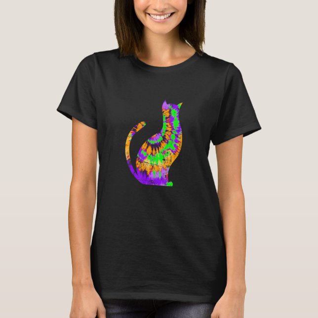 T-shirt Ie Dye Halloween Chat Vert Violet Orange (Devant)
