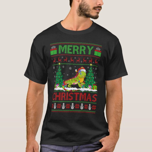 T-shirt Iguana   Xmas Tree Lights Ugly Santa Iguana Christ (Devant)