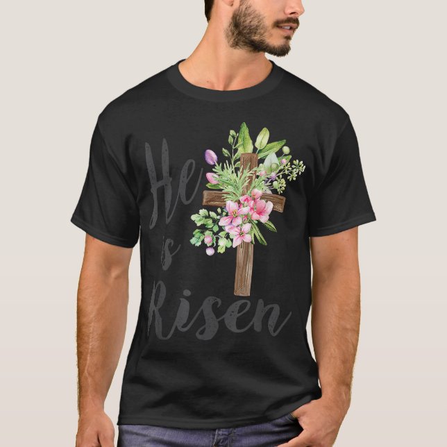 T-shirt Il est ressuscité Jour de Pâques Jésus Croix Flora (Devant)