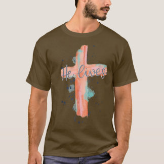 T-shirt Il Vit Croix Jésus Religieux Fête de Pâques Christ